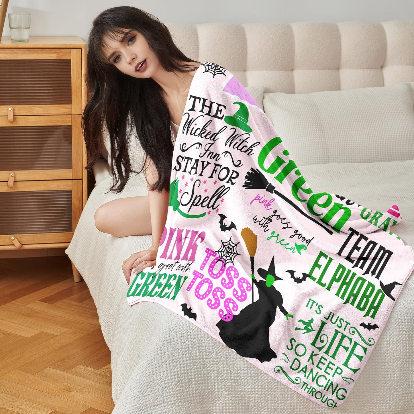 50'' x 40'' Elphaba Hat Glinda Witch Pink Flannel Blanket, Magic Movie Land Blanket, Evil Gift Queen Throw Broom, All Seasons Warm Cozy Soft Blanket for Sofa Chair Bed Halloween Women Fans 3