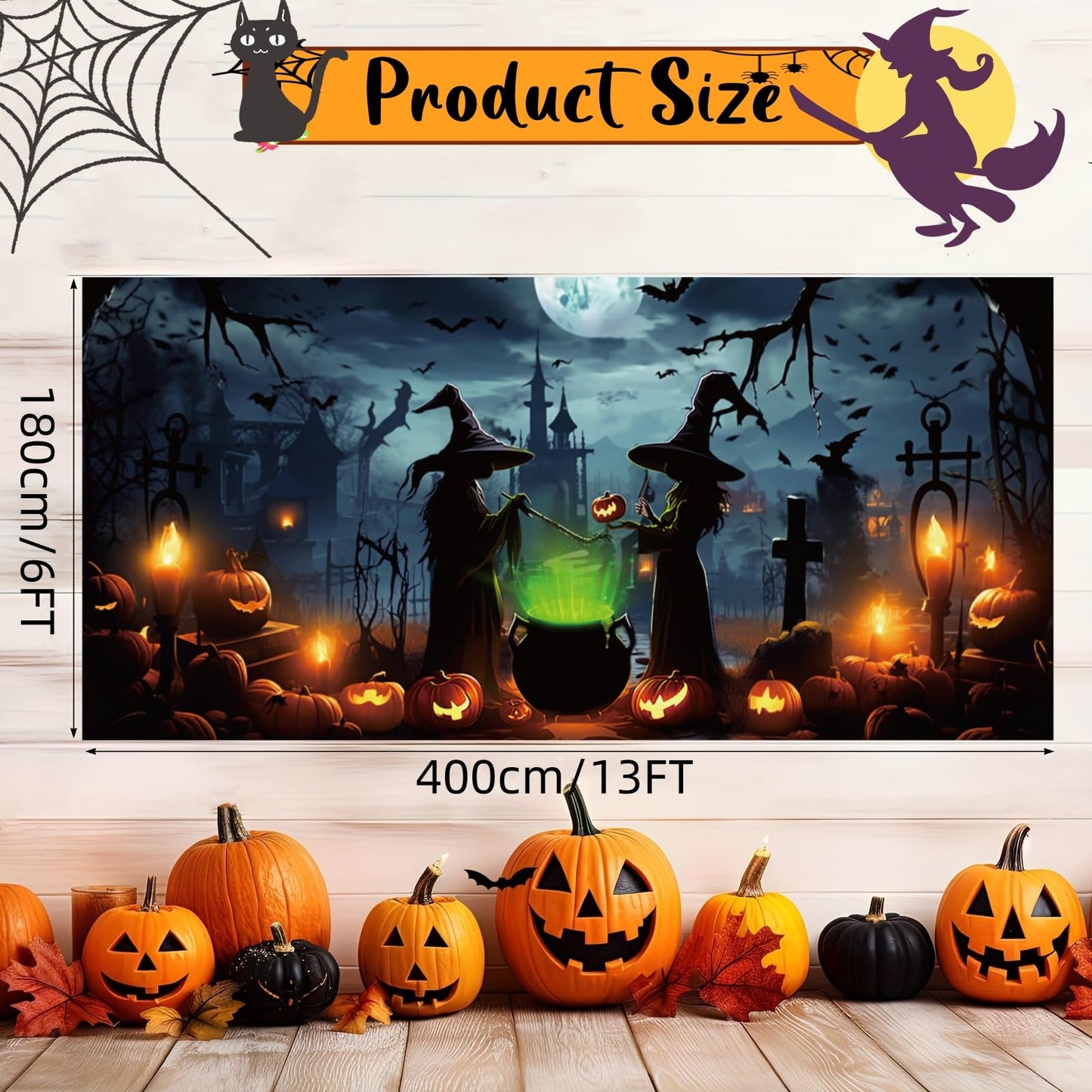 Lighted Halloween Garage Door Decorations Banner, Witch Cover With LED Light Strap, Hanging Backdrop for Outdoor Indoor Spooky Party Wall Yard Decor 6 x 13 ft