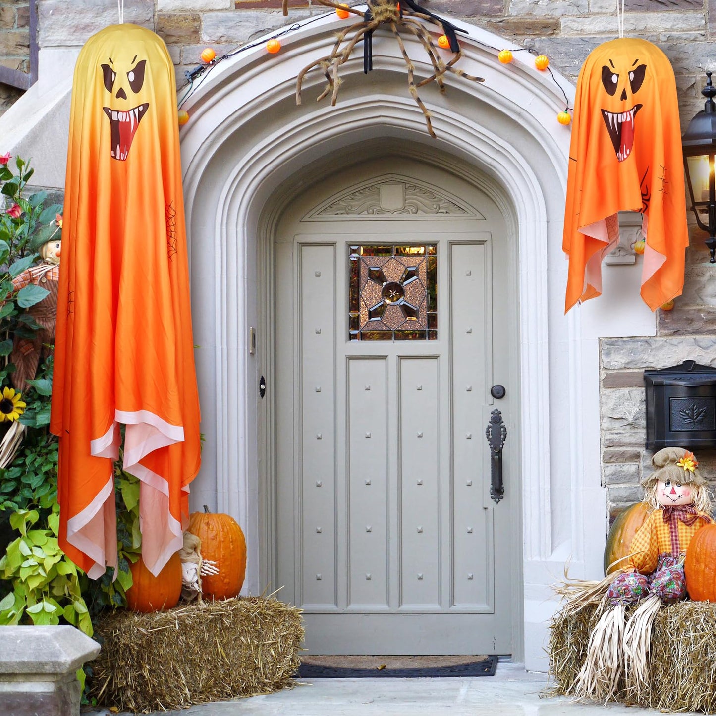 FUNIAO (New) 2 Pcs Halloween Decorations Outdoor, Spooky Ghost with String Lights, Halloween Haunted House Props Battery Operated for Porch, Tree, Patio, Yard, Front Door, Party - Orange