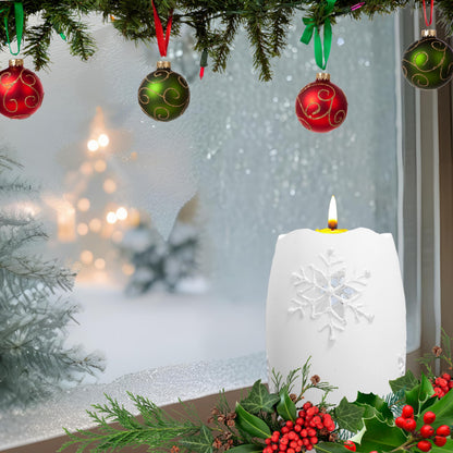 Lighted Snowflake Candle Holder – White Frosted Glass Christmas Decoration, 5" H x 3.5" D Winter Snowflake Table Décor, LED Holiday Candle Holder for Mantel, Shelf, Centerpiece Home Accent Gift