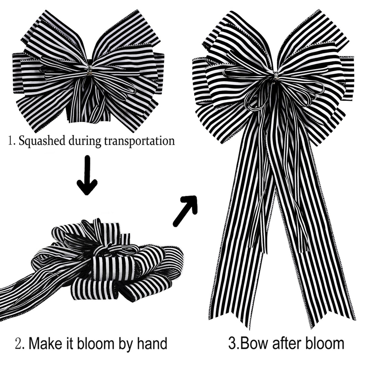 Hongsome 2 Pack Black White Stripe Halloween Fall Bows for Wreaths,12”x20”Black and White Christmas Decorations Bow for Tree Topper Gothic Spooky Holiday Birthday Party Wall Home Front Door