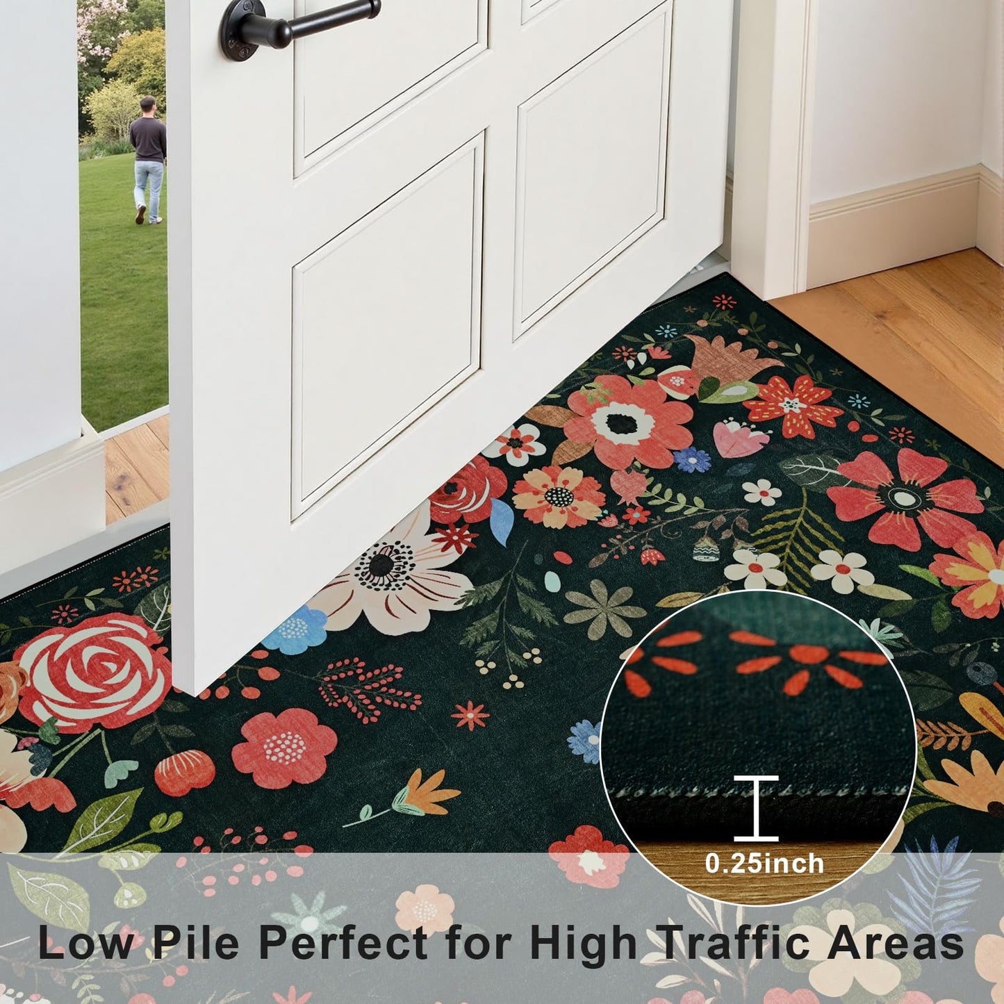 Vasofe 3x5 Rug for Bedroom,Washable Rugs for Living Room, Entryway, Indoor Floor Mat, Small Floral Mats for Nrusery, Farmhouse, Laundry Room, Playroom, Office, Non Slip Low Pile Soft Carpet, Black