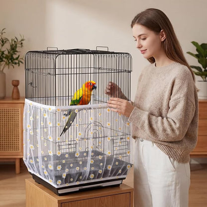 Trinkrittey Bird Cage Seed Catcher, Universal Bird Cage Seed Catcher Guard Adjustable Parrot Nylon Mesh Net Cover for Round Square Cages Parrot Parakeet African Macaw(Daisy-White, 15.7" x87")