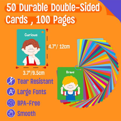 Emotions Flashcards, 50 Different Feelings with Coping Skills-Learn to Identify Various Moods, Cartoon Faces Emotions for Kids with Autism, ADHD -Emotion Flipbook for Therapy, Home Use