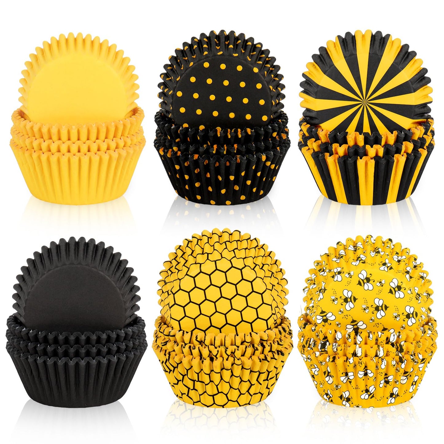 JarThenaAMCS 600Pcs Summer Honey Bee Cupcake Liner Honeycomb Stripe Paper Baking Cup Yellow Black Muffin Wrappers Cake Storage Container for Party DIY Craft, 2 x 1.2 Inch