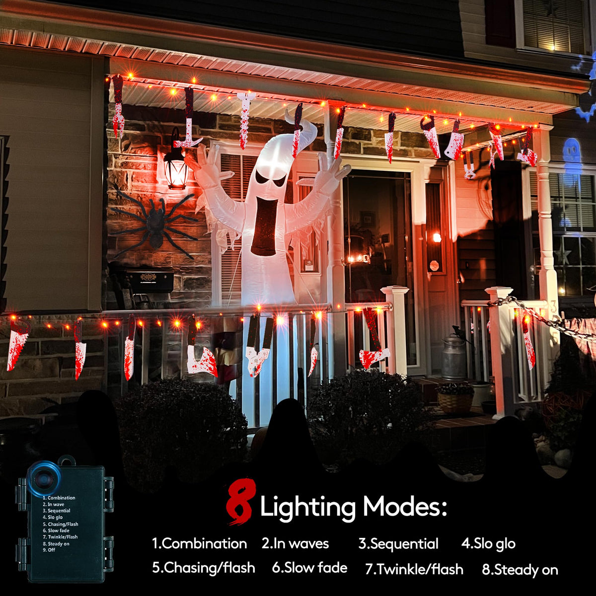 BlcTec Scary Halloween Decorations, 12 FT Halloween String Lights with 16 Fake Bloody Knives & 50 LED Orange Big Bulbs, 8 Modes Battery Operated Bloody Party Supplies for House Décor