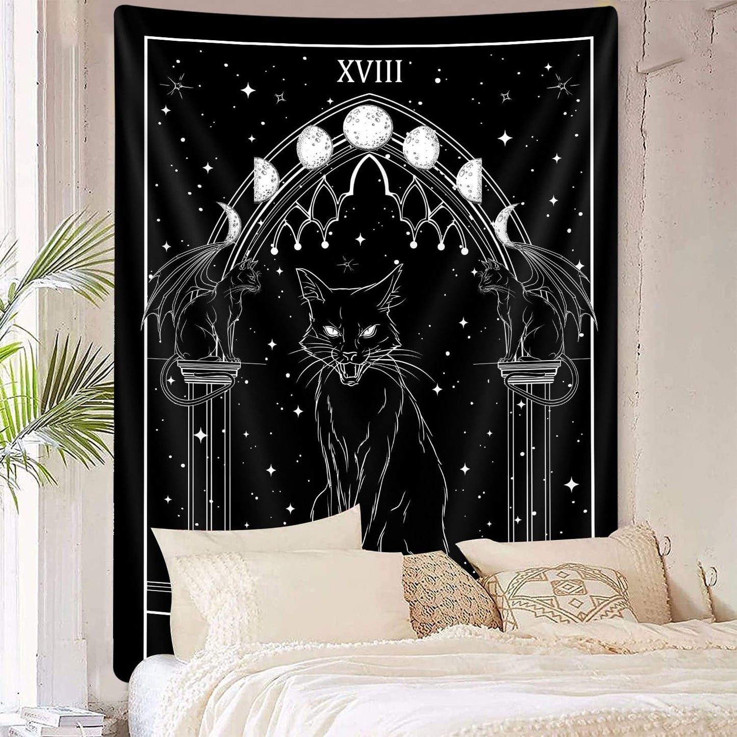 Goth Black Cat Tapestry, Gothic Tarot Witch Vertical Wall Hanging For Men, Black And White Aesthetic Anime Witchcraft Art For Bedroom Living Room Poster, 40X60Inch