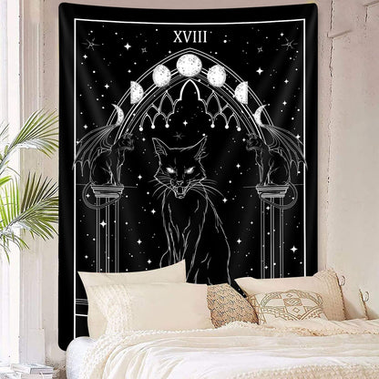 Goth Black Cat Tapestry, Gothic Tarot Witch Vertical Wall Hanging For Men, Black And White Aesthetic Anime Witchcraft Art For Bedroom Living Room Poster, 40X60Inch