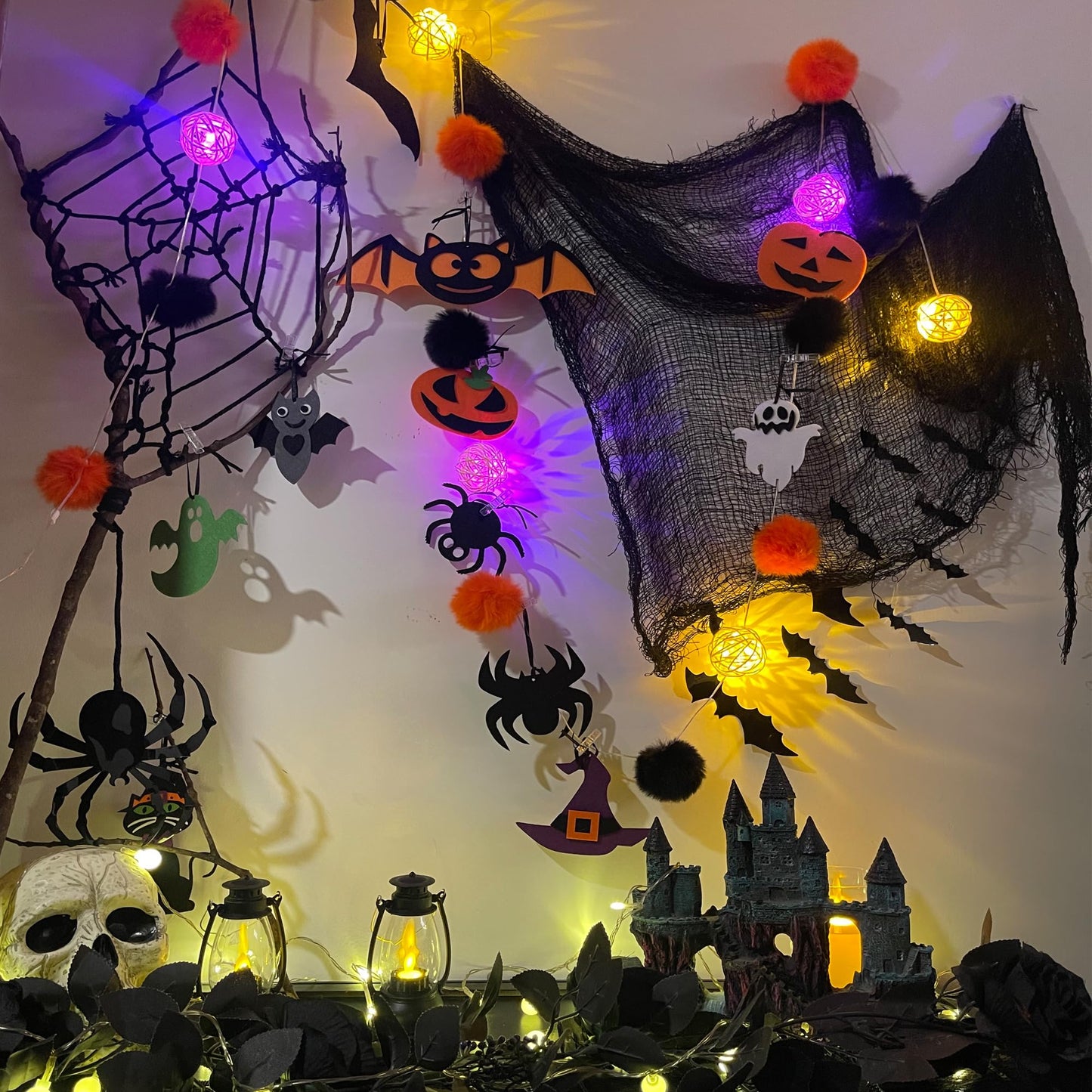 Halloween Decorations Battery USB 10.8Ft Halloween Strip Lights Banner Garland Décor with Felt Bats Ghost Witch Hat Pumpkins Spider Fuzzball Décor for Party Indoor Home Room Wall Fireplace WindowDoor