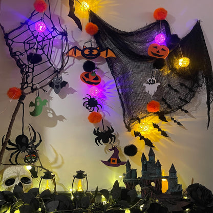 Halloween Decorations Battery USB 10.8Ft Halloween Strip Lights Banner Garland Décor with Felt Bats Ghost Witch Hat Pumpkins Spider Fuzzball Décor for Party Indoor Home Room Wall Fireplace WindowDoor