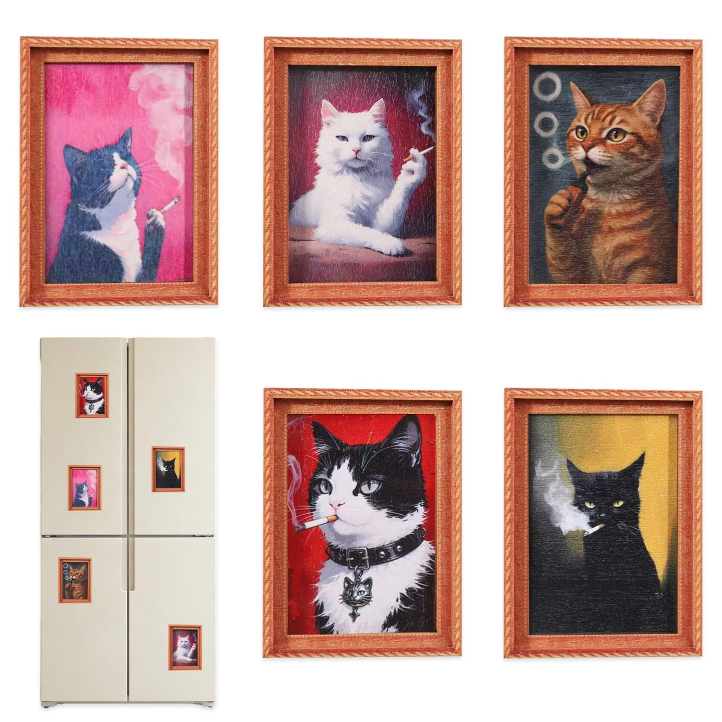 5Pcs Funny Wooden Fridge Magnets Frame Retro Cute Cat Frog Pattern Magnetic Refrigerator Locker Magnet Photo Frames Holder for Home Kitchen Office Whiteboard Decorations (Style cat)