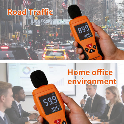 Sound Level Meter Reader with HD Backlit LCD Decibel and Ambient Temperature Meter, Sound & Noise Meter SPL Tester with Alarm, Fast/Slow, Data Hold, MAX/MIN, Auto Power-Off for Noisy Neighbors Office