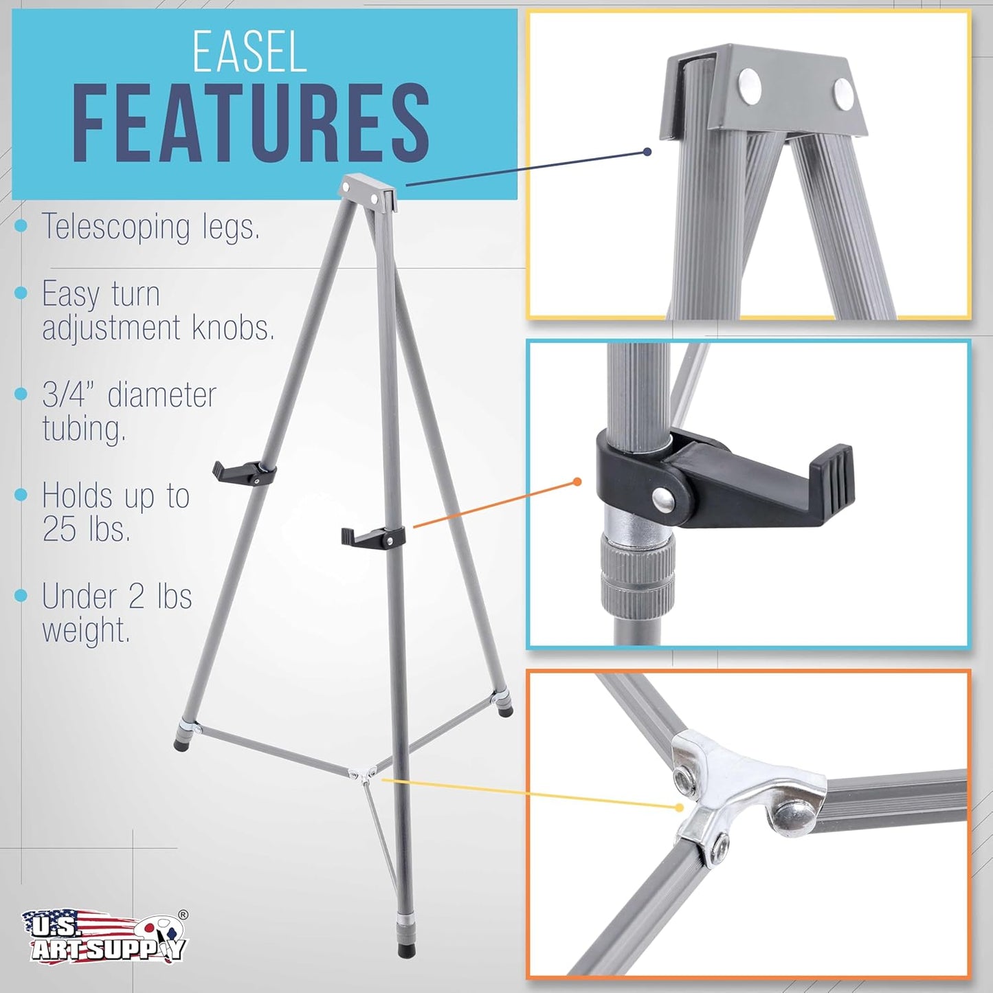 U.S. Art Supply 66" High Gallery Silver Metal Display Easel - Large Adjustable Height Portable Easel Stand, Sign Display, Holds 25 lbs - Floor & Tabletop Easels, Painting Stand