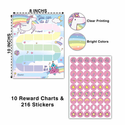 10 Unicorn Reward Chart with 216 Round Stickers, Incentive Behavior Chart for Kids at Home Classroom, Kids Routine Daily Chore Sticker Chart-A01