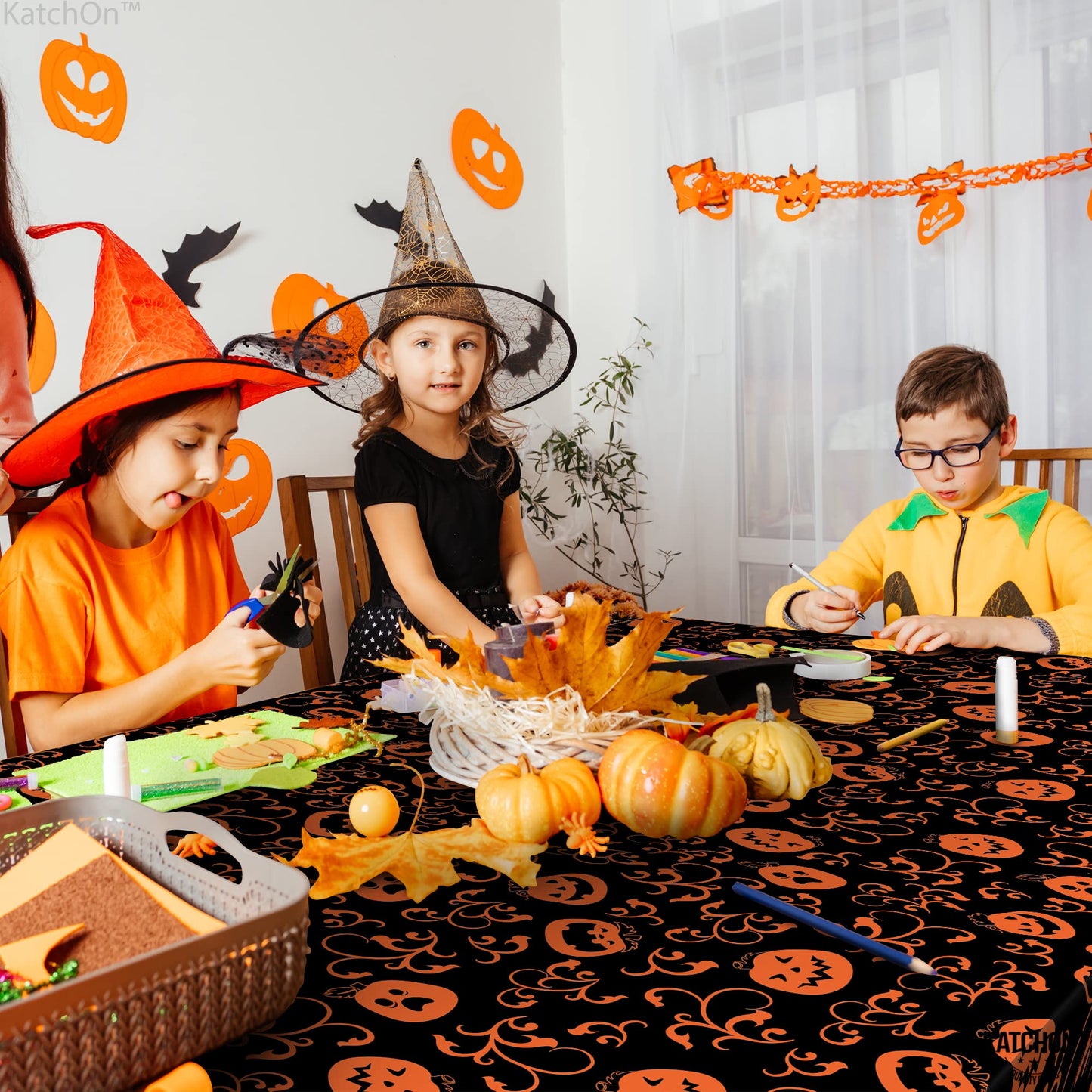 KatchOn, Pumpkin Halloween Tablecloth Plastic - 54x90 Inch, Pack of 3 | Pumpkin Tablecloth, Black and Orange Halloween Table Covers | Table Cloth Disposable