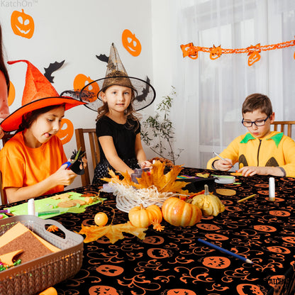KatchOn, Pumpkin Halloween Tablecloth Plastic - 54x90 Inch, Pack of 3 | Pumpkin Tablecloth, Black and Orange Halloween Table Covers | Table Cloth Disposable