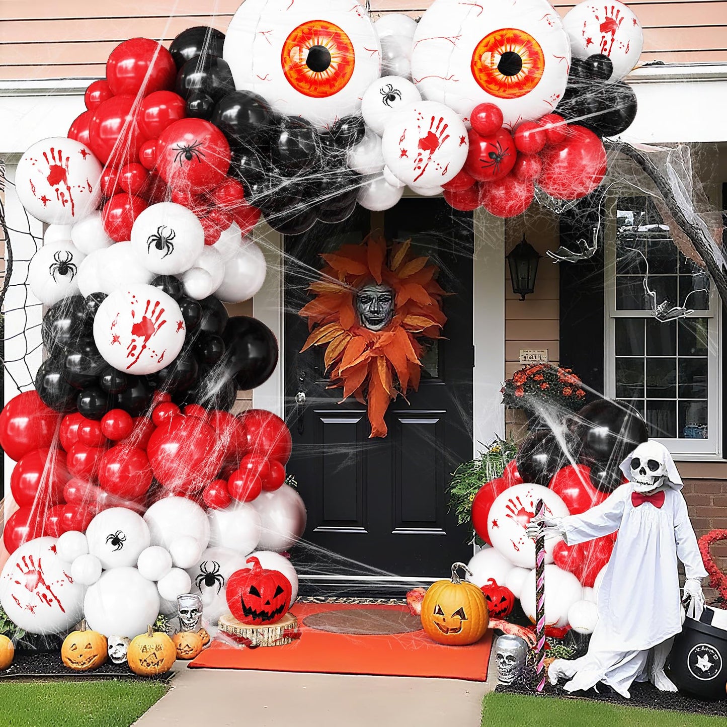 Halloween Balloons Arch Scary Bloody Red White Balloons Garland with Spider Web 3D Spider Stickers Eyeball Blood Handprint Latex Helium Balloon Halloween Birthday Party Decorations Haunted House