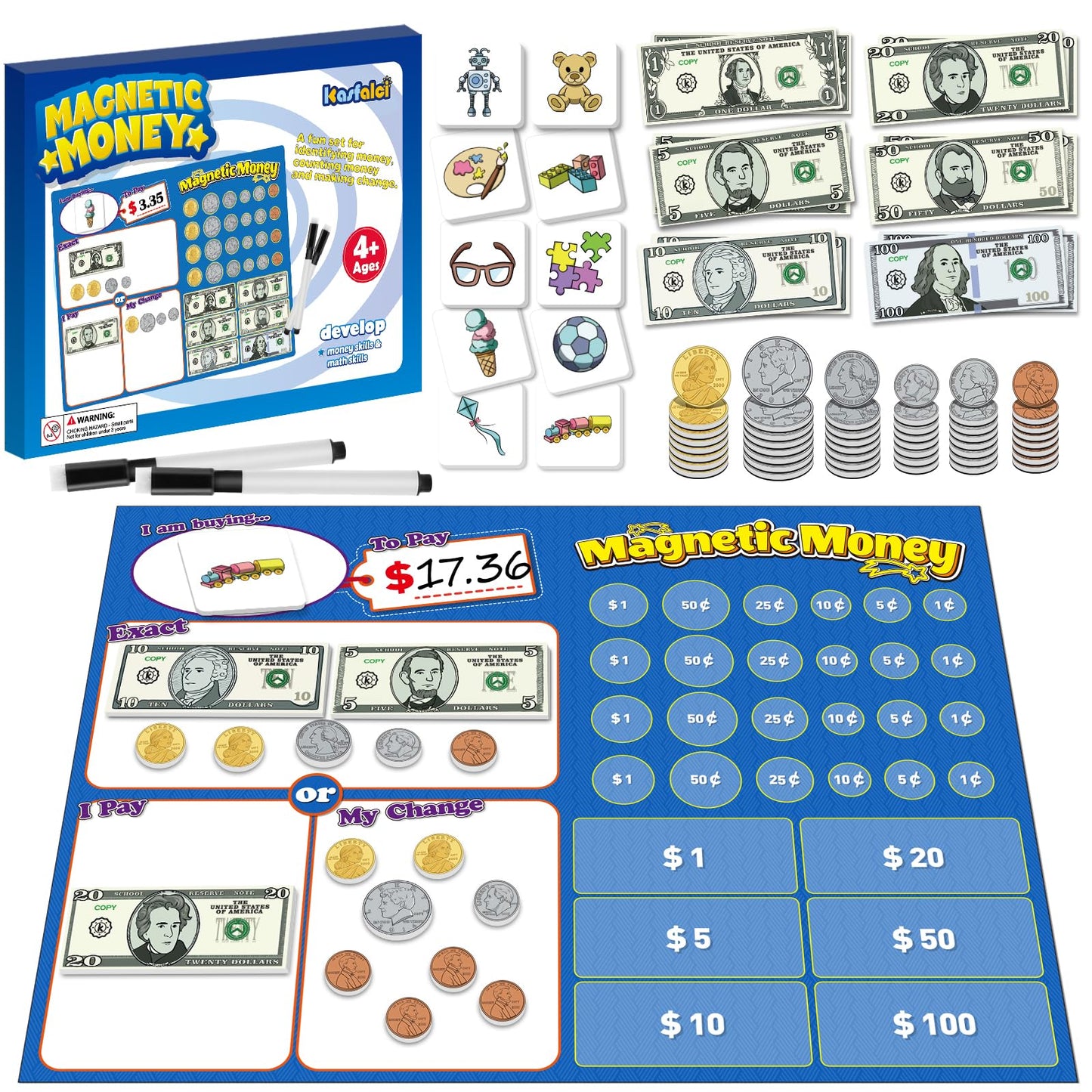 Kasfalci 73 PCS Magnetic Money for Kids for Learning, Math Manipulatives, Learning & Education Toys for Classroom, Pretend Play, Math Games for Toddler, Teacher and Homeschool Supplies