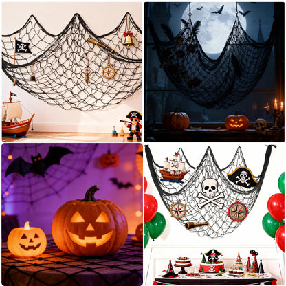10x5 Feet X-Large Fish Net Decorations for Party - 2 Pack Black Fishing Net Decor for Halloween Gothic Pirate Party, 3mm Cotton Decorative Netting Table Runner Photo Display Backdrop Wall Decor