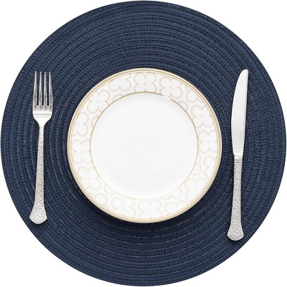 SHACOS Round Placemats Set of 4 Washable 15 inch Round Table Mats Cotton Polyester Woven Braided Place Mats for Dining Table, Navy