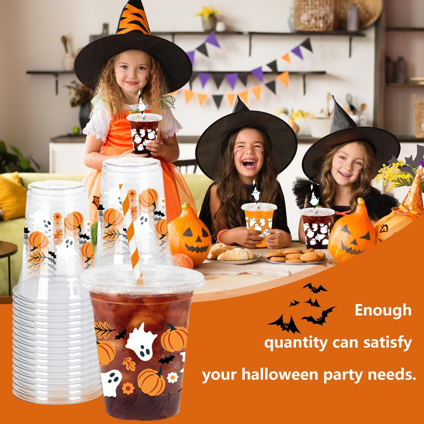 Whaline 50Pcs 12Oz Halloween Plastic Cups with Lids & Straws Pumpkin Ghost Disposable Clear Drinking Cups with Black Ribbon for Birthday Party Supplies