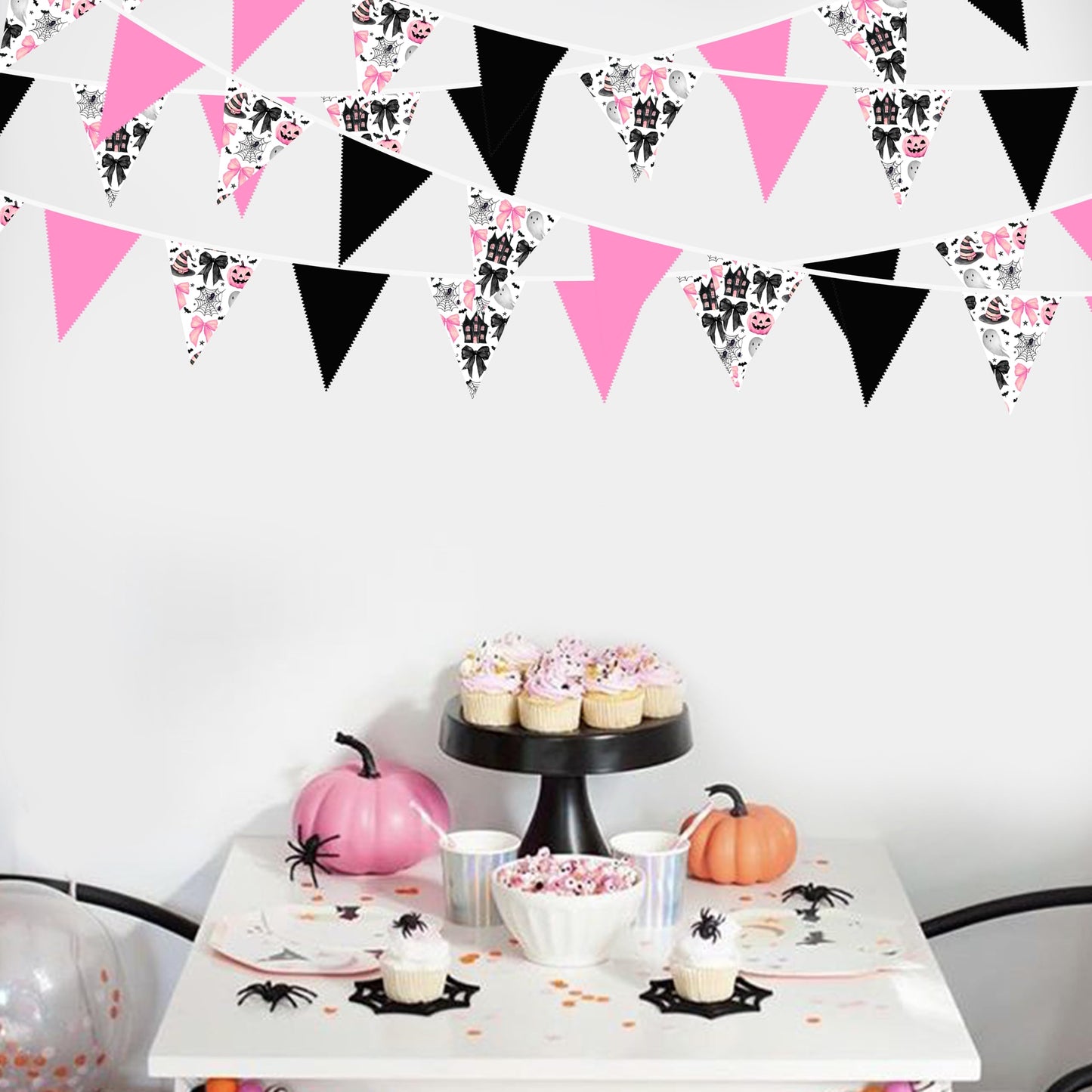31Ft Pink Black Halloween Party Decorations Spider Bow Pumpkin Skull Bats Fabric Pennant Banner Triangle Flag Garland Streamer for Halloween Trick or Treat Birthday Baby Shower Outdoor Party Supplies