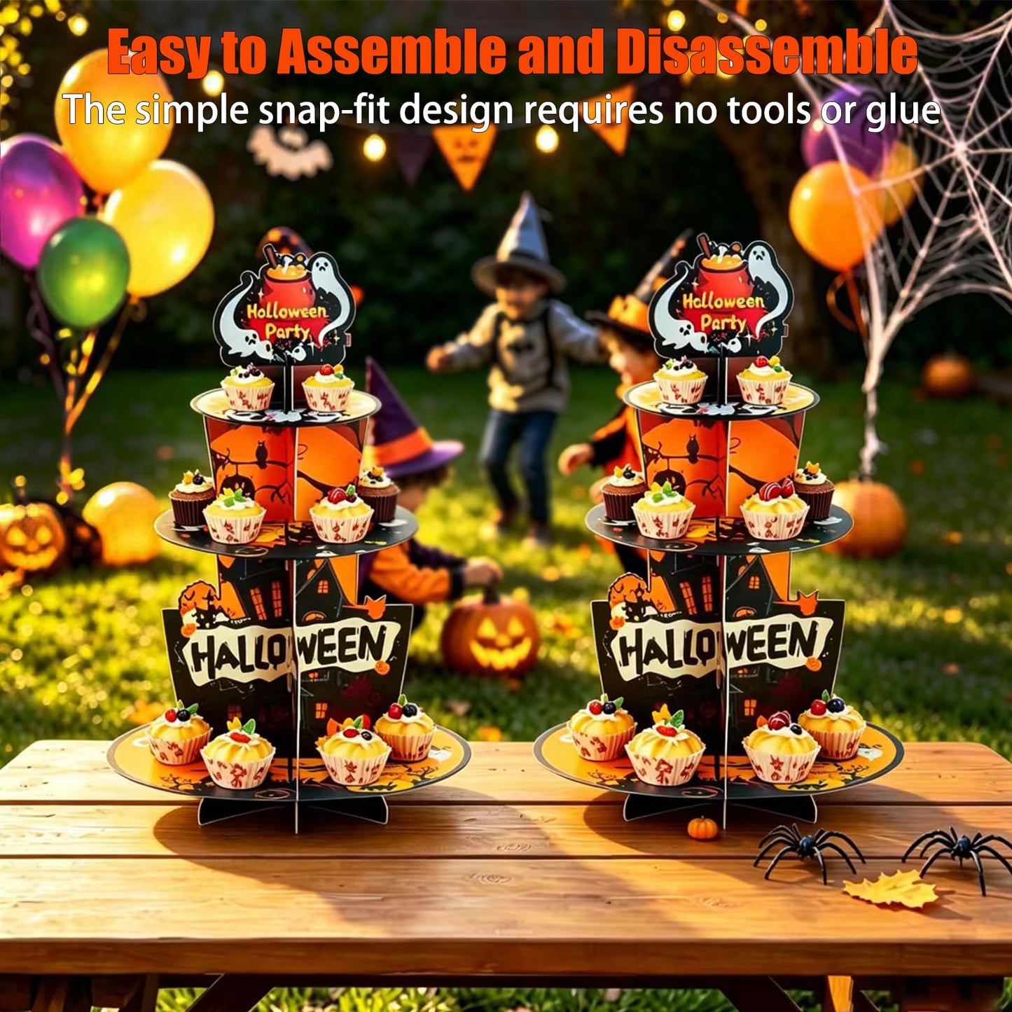 2PCS 3-Tier Halloween Paper Cupcake Stand, Halloween Themed Dessert Display Rack, Heavier-Gauge Paper Display Stand for Home Party & Dessert Serving (Multicolor)