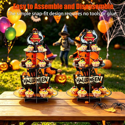 2PCS 3-Tier Halloween Paper Cupcake Stand, Halloween Themed Dessert Display Rack, Heavier-Gauge Paper Display Stand for Home Party & Dessert Serving (Multicolor)