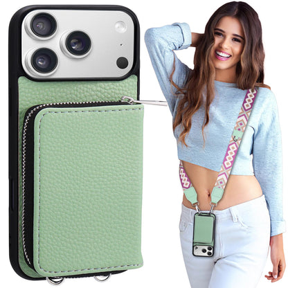 XANGNIER Wallet Case for iPhone 17 Pro Max with Strap, RFID Blocking PU Leather Crossbody Phone Purse with Card Holder, Zipper Pocket, Wrist Strap & Adjustable Lanyard for Women 6.9" 5G,Green