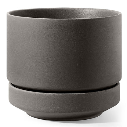 LE TAUCI 12 Inch Pot for Plants with Saucer, Ceramic Indoor Planter Pot with Drainage Hole, Mesh Pad Included, Unglazed Porous Ceramic, Modern for Home and Office, Charcoal Gray