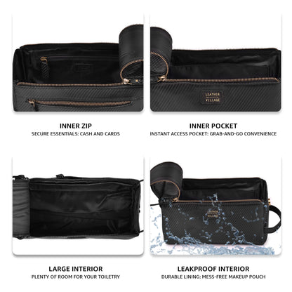 LEATHER VILLAGE Genuine Carbon Fiber Genuine Leather Travel Toiletry Bag - Large Dopp Kit, Water-Resistance Bathroom & Shaving Organizer for Men & Women - Black