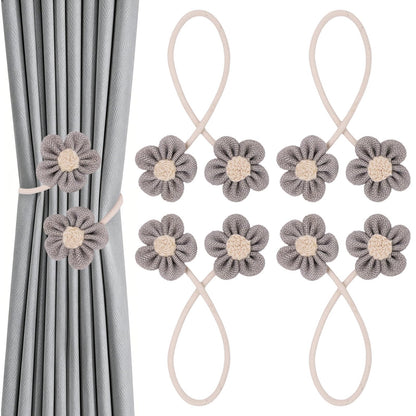GDFYMI 4 Pack Flower Curtain Tiebacks, Rope Curtain Tiebacks Boho Style, Simple Elegant DIY Curtain Holdbacks, Curtain Tie Backs for Home Office Bedroom Nursery Farmhouse Decor (Grey)
