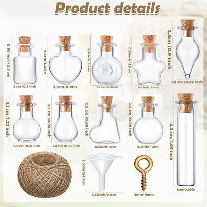 Honeydak 100 Pcs Small Mini Glass Bottles Jars with Cork Stopper Set Potion Bottle Tiny Refillable Wishing Bottles Drifting Bottle with Eye Screw Funnel Rope for DIY Bead Containers, 10 Shapes