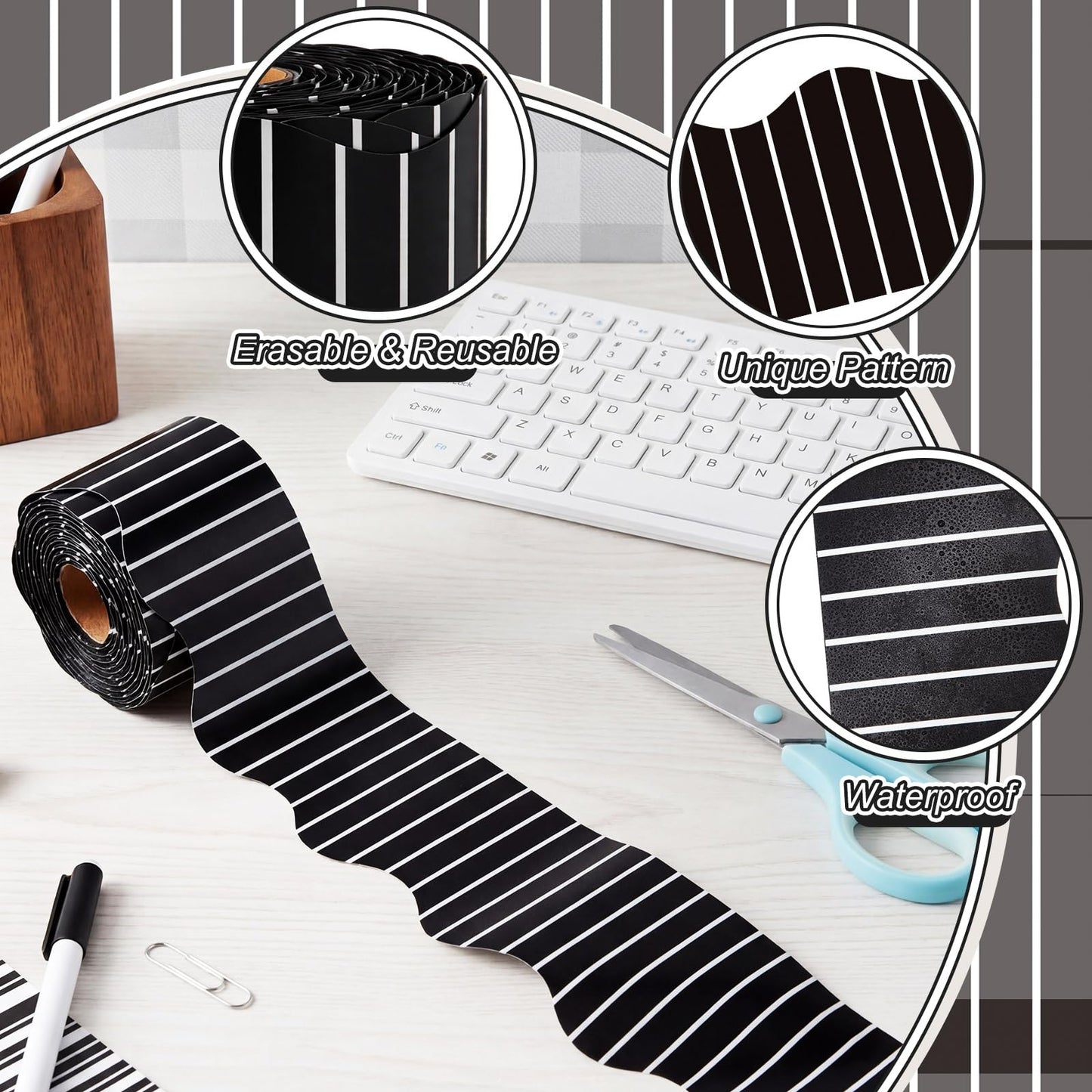 Tenceur 48 ft x 2.76 Inch Magnetic Borders for Whiteboard Decoration, White Vertical Stripes Magnetic Bulletin Board Border Set for Summer Classroom Office Chalkboard Poster Board Decor
