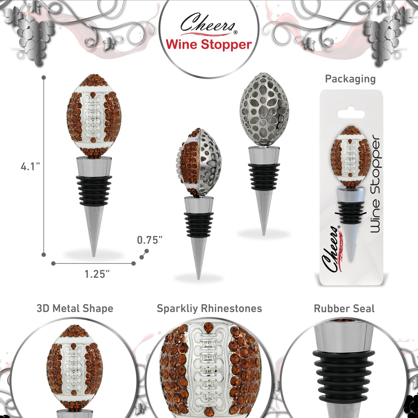 Cheers Silver Football Wine Bottle Stopper with Rhinestone Crystals - Cute Sparkling Sports Seal Topper for Wine Bottles, Unique Bar Gifts for Women and Men