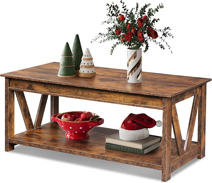 WLIVE Coffee Table, 43" Farmhouse Coffee Table with Storage Shelf & Sturdy V-Shaped Support, Wood Center Table for Living Room, Bedroom, Office and Balcony, Rustic Brown