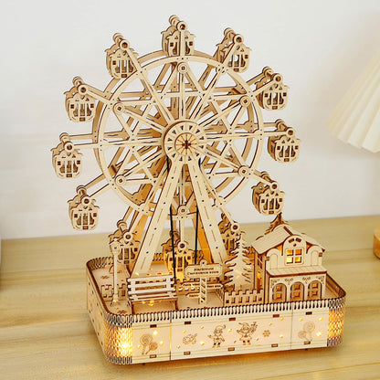 Foyucool Wooden 3D Puzzle for Adults - DIY Ferris Wheel Model Kit with Music Box & LED Lights, Mechanical Assembly Building Set, Creative Craft Gift for Friends and Family, Age 14+