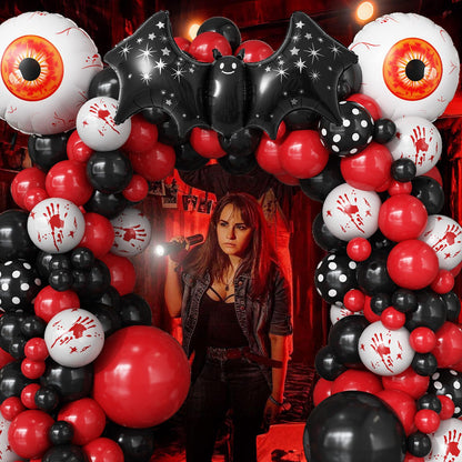 Halloween Balloons Garland Arch Kit, 94pcs Red Black White Polka Dot Balloons, Bloody Hand Print Balloon Eyeball Bat Mylar Balloon for Scream Creepy Gothic Halloween Horror Birthday Party Decorations