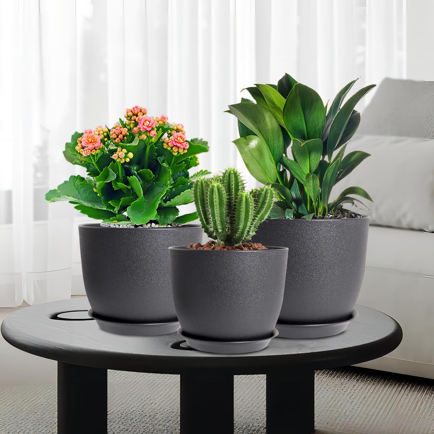WSMKSZ 12/10/9 inch Big Flower Pots, 3 Pack Modern Decorative Plastic Planters with Drainage Holes and Tray, Plant Pots for Indoor Outdoor Plants, Black