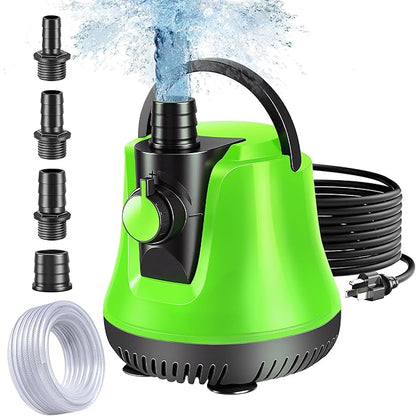Sump Pump Submersible, Water Pump with Adjustable Flow, Pool Cover Pump Above Ground, Electric Portable Water Removal Pump, Water Pump for Pool Draining with 10ft Hose, 4 Adapters, 950GPH