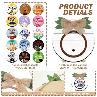 Geetery 17 Pieces Summer Interchangeable Season Sign DIY Holiday Icons Decor with Wooden Easel Round Home Decorative with 15 Seasonal Icons Holiday Sign Set for Tabletop Porch Decoration