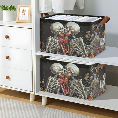 Black Skeleton Gothic Storage Bins for Shelves with Labels&Handles Halloween Organizer Bin Foldable Rectangle Storage Basket Black Goth Skull Boxes for Closet, Bathroom, Home, Living Room, Laundry