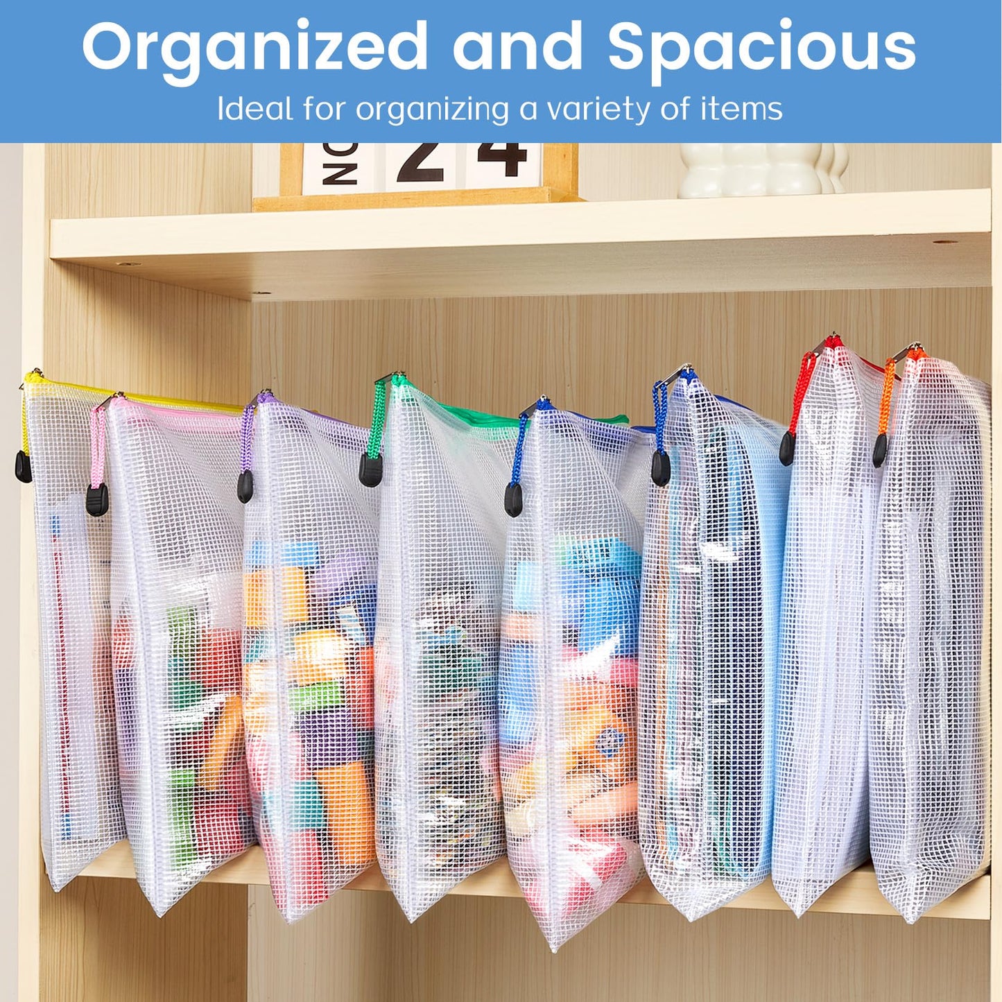 Sooez 24 Pack Mesh Zipper Pouch with Sticky Labels, A4 Mesh Bags, Sturdy Letter Size File Folders Organizer, Office School Classroom Teacher Supplies, Toy Storage Bag Board Game Puzzles Organization