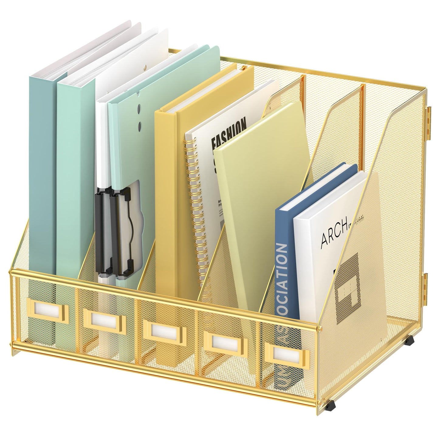 SUPEASY Desk Organizers Metal Desk Magazine File Holder with 5 Vertical Compartments Rack File Organizer for Office Desktop, Classroom, Home Workspace, Gold