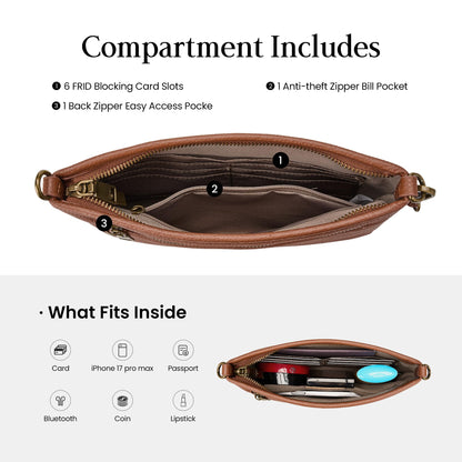 befen Genuine Leather Clutch Purse for Women RFID Blocking Wristlet Purses Brown Crossbody Bag Small Real Leather Crossbody Wallet for Travel Soft Designer Handbag with Shoulder and Wrist Strap