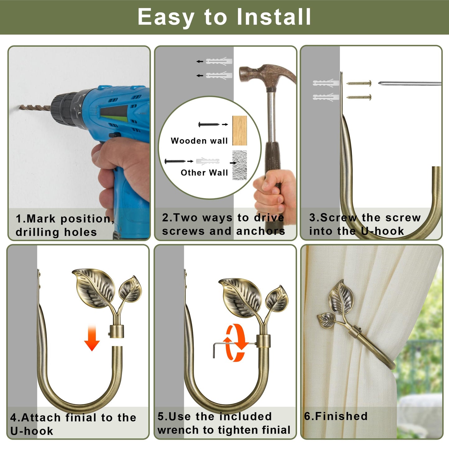 Leaf-Shaped Curtain Holdbacks 2pcs, Wall Mounted Alloy Curtains Side Holders, Curtain Tie Backs Hooks for Drapes Window Home Decoration, Antique Bronze