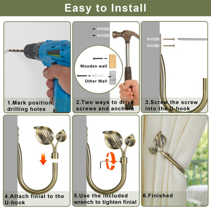 Leaf-Shaped Curtain Holdbacks 2pcs, Wall Mounted Alloy Curtains Side Holders, Curtain Tie Backs Hooks for Drapes Window Home Decoration, Antique Bronze