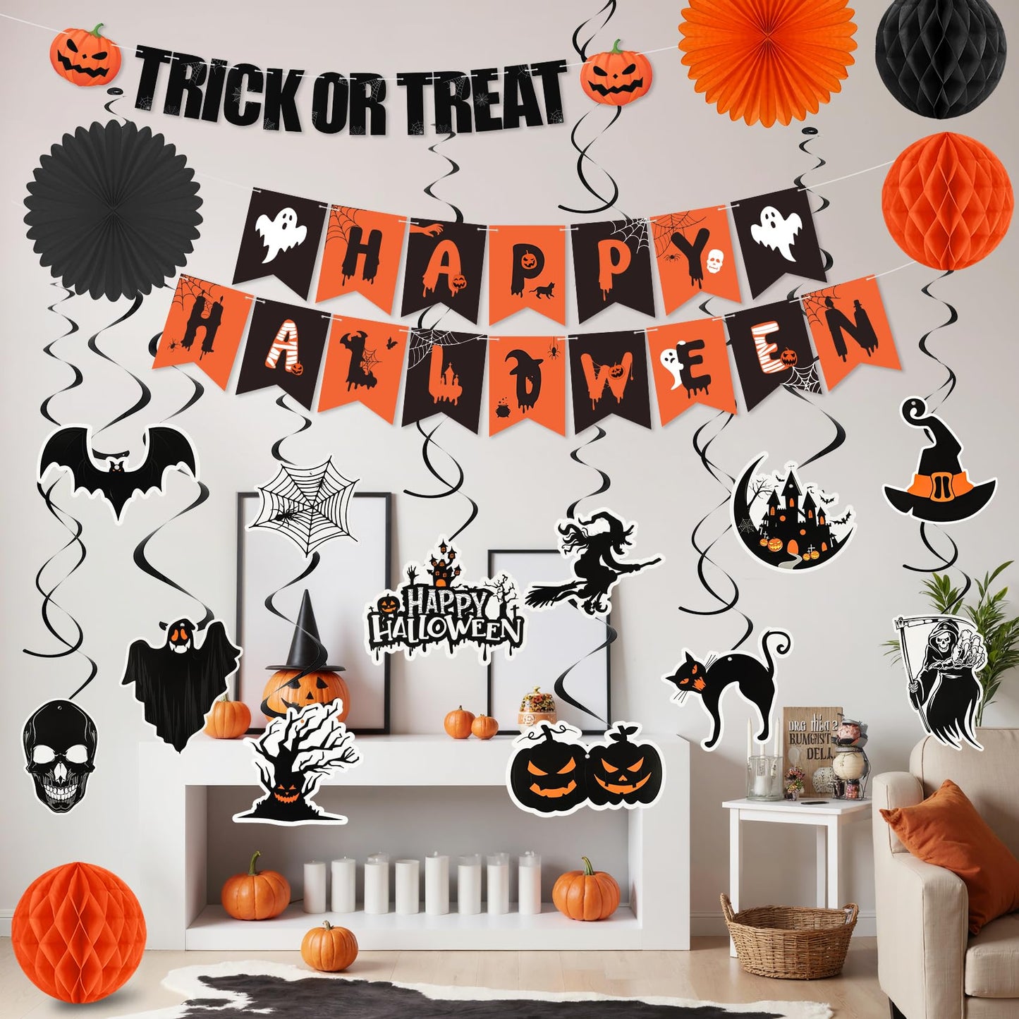 Halloween Party Decorations Indoor, Happy Halloween Banner Sign Decorations Kit with Honeycomb Ball Paper Fans Pumpkin Bat Hanging Swirls Streamers for Home Party Decor