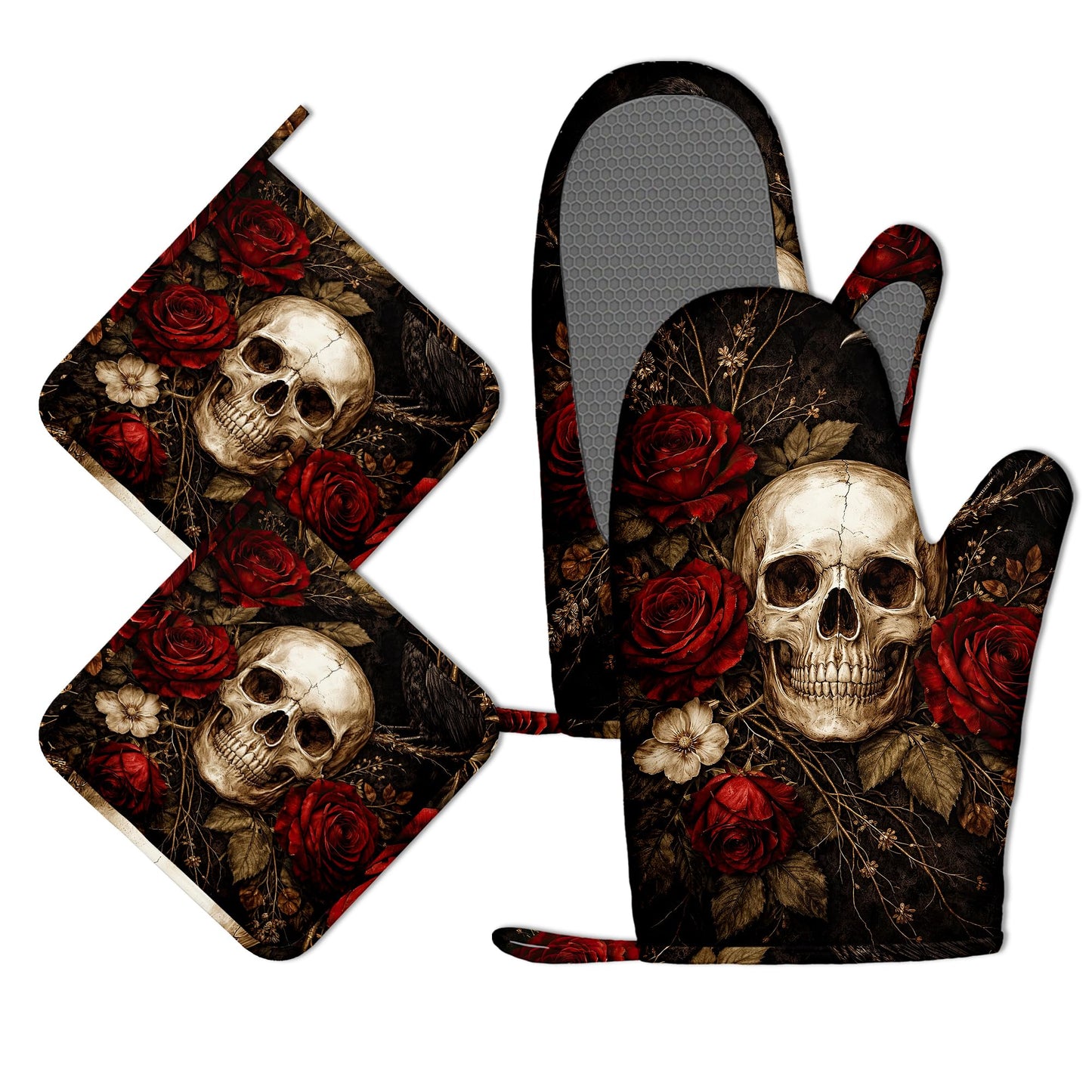 Oven Mitts and Pot Holders Gothic Skull Floral Silicone Kitchen Accessories Set of 4 Heat Resistant Gloves Potholder Non-Slip Grip for Chef Cooking Baking Grilling BBQ