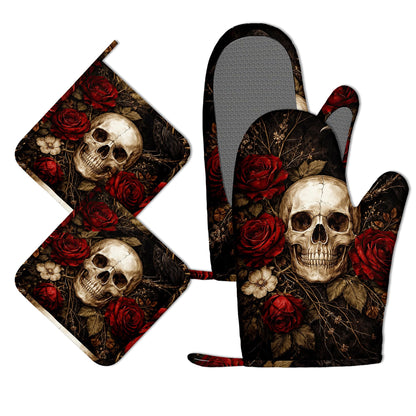 Oven Mitts and Pot Holders Gothic Skull Floral Silicone Kitchen Accessories Set of 4 Heat Resistant Gloves Potholder Non-Slip Grip for Chef Cooking Baking Grilling BBQ